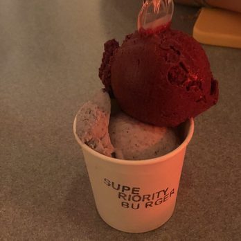 Superiority Burger - Boysenberry scoop on top, blue corn atole in the bottom - Vegetarian Near Me - New York, New York Superiority Burger - Boysenberry scoop on top, blue corn atole in the bottom - Vegetarian Near Me - New York, New York