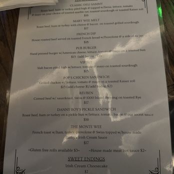 The Mary Wee Pub - Back of the menu - Irish Pub Near Me - Webster, New York