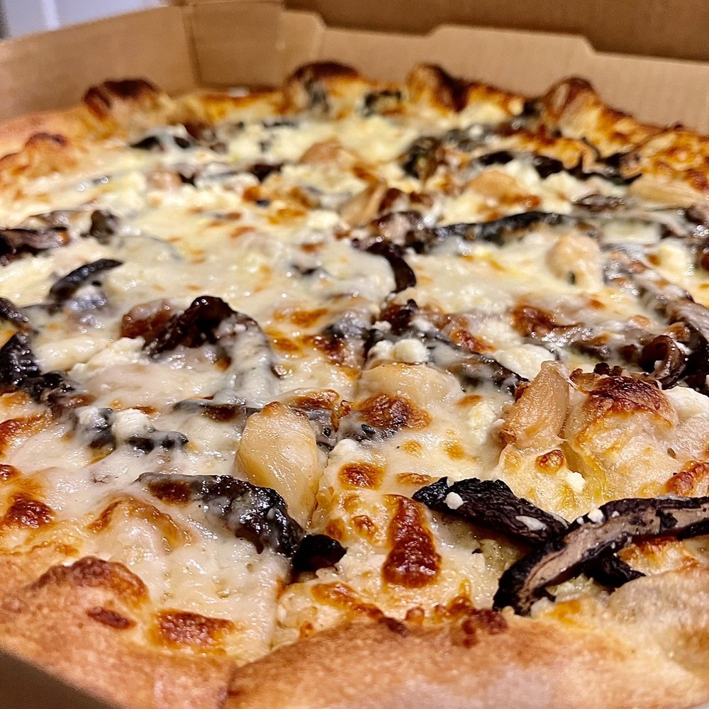 Slice Pizza & Brew - White Shadow Pizza || garlic * caramelized onions * portobello mushrooms * feta * fresh parmesan * truffle oil - Pizza Near Me - Birmingham, Alabama Slice Pizza & Brew - White Shadow Pizza || garlic * caramelized onions * portobello mushrooms * feta * fresh parmesan * truffle oil - Pizza Near Me - Birmingham, Alabama