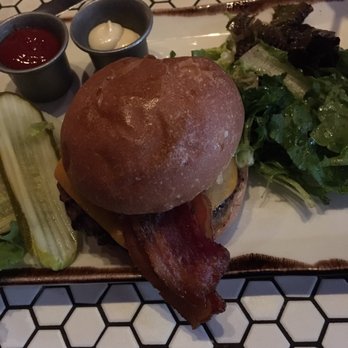 Palace Kitchen - delicious burger w/ bacon, cheddar, and the fixin's (side salad and fries) - New American Near Me - Seattle, Washington Palace Kitchen - delicious burger w/ bacon, cheddar, and the fixin's (side salad and fries) - New American Near Me - Seattle, Washington