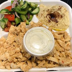 Laziz Ya Lebanese - Chicken shawarma plate (chicken, fattoush salad, hummus, garlic sauce)