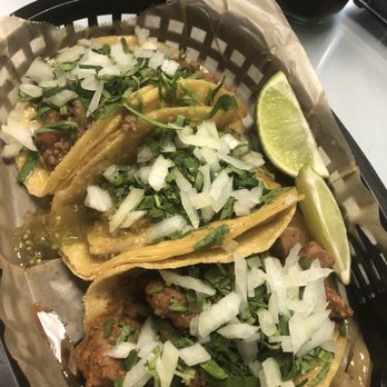 Tranky's Tacos - Street meat from top: picadillo, chicharrones posing as carnitas, al pastor - Tex-Mex Near Me - Garland, Texas
