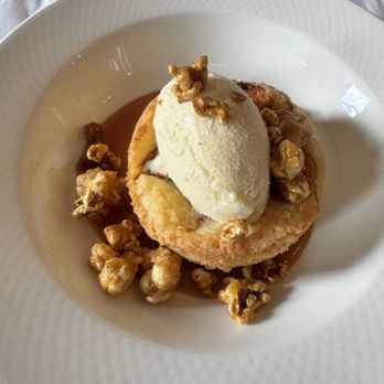 Lilette - Peach Buckle with Sweet Corn ice cream and caramel popcorn on the side! - French Near Me - New Orleans, Louisiana