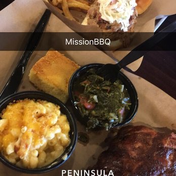 Mission BBQ - 5 bone baby backs w mac and greens & a pulled pork sandwich w fries and slaw Great food, nice and polite service. Will return! - Barbeque Near Me - Hampton, Virginia