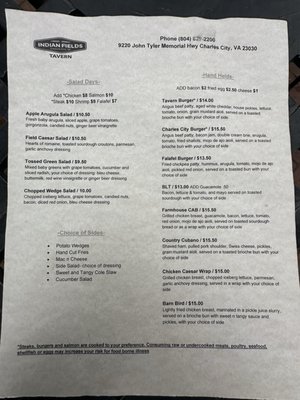 Menu photo 3 Indian Fields Tavern Charles City, VA