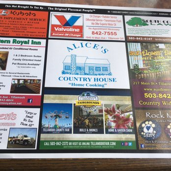 Alice's Country House - Local Advertisement Place Mats - American Near Me - Tillamook, Oregon Alice's Country House - Local Advertisement Place Mats - American Near Me - Tillamook, Oregon