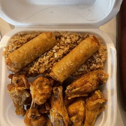 Burger Win - Lemon peeper wings fried rice with egg rolls