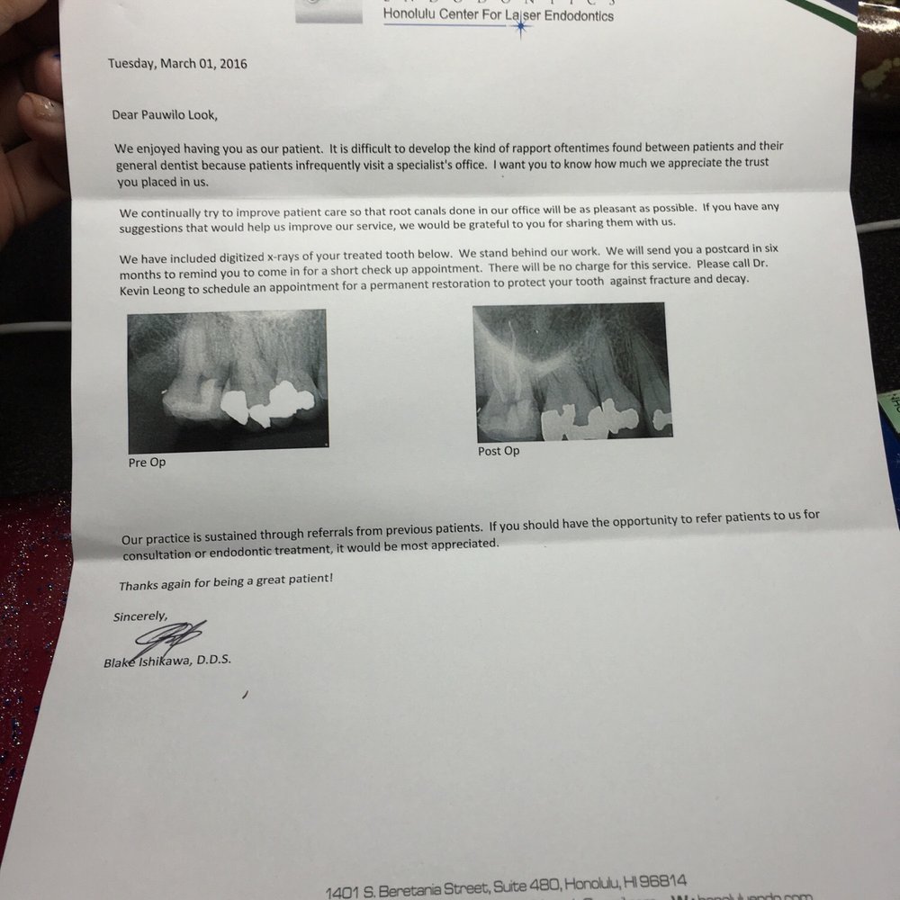 Honolulu Endodontics - This is the letter Dr. Blake sent which included photos of my "before" and "after" work. Cool! - Endodontists Near Me - Honolulu, Hawaii Honolulu Endodontics - This is the letter Dr. Blake sent which included photos of my "before" and "after" work. Cool! - Endodontists Near Me - Honolulu, Hawaii