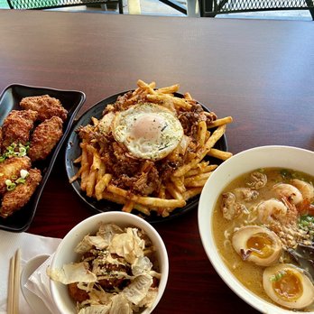 Soho Ramen and Sake Bar - Spicy crunchy wings, bulgogi fries with kimchi and fried egg, takoyaki, seafood ramen and ice tea - Ramen Near Me - Temecula, California Soho Ramen and Sake Bar - Spicy crunchy wings, bulgogi fries with kimchi and fried egg, takoyaki, seafood ramen and ice tea - Ramen Near Me - Temecula, California