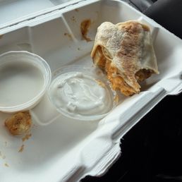 Steak burrito, disappointed since this portion was frozen still. I tried eating around it but it was frozen cold. Bummed.