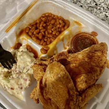 Slappy's Chicken - 1/4 chicken breast and wing, potato salad and beans Sauce on the side There was a roll but I ate it on the way home!! - Chicken Shop Near Me - Winston-Salem, North Carolina Slappy's Chicken - 1/4 chicken breast and wing, potato salad and beans Sauce on the side There was a roll but I ate it on the way home!! - Chicken Shop Near Me - Winston-Salem, North Carolina