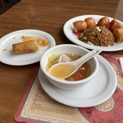 Szechuan Restaurant - Spring roll, soup with dumplings and sweet and sour chicken with fried rice.