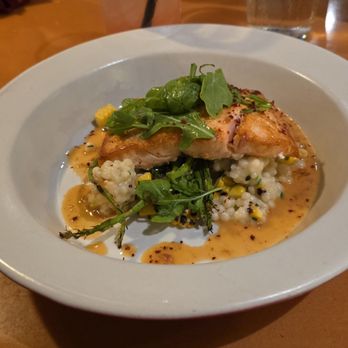 The Arrogant Butcher - Atlantic Salmon Sweet Corn Fregola, Grilled Asparagus, Lemon Arugula Salad, Tomato Butter - American Near Me - Phoenix, Arizona