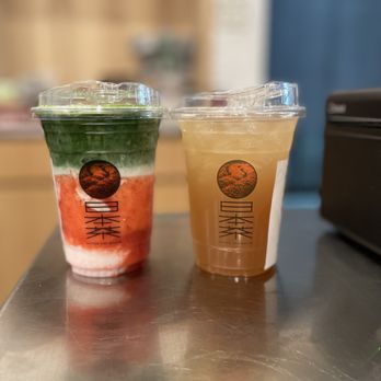 Maki - Strawberry Ichiban matcha made with fresh strawberries sits next to our caffeine free Tochucha yuzu lemonade. - Japanese Near Me - New York, New York
