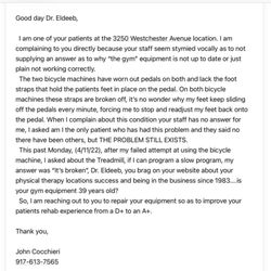 Universal Physical Therapy - My letter to Dr Eldeeb in regards to the "gym" the bicycle machines with broken worn down pedals and a broken treadmill.