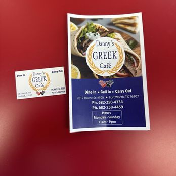 Danny’s Greek Cafe - The menu and business card. - Greek Near Me - Fort Worth, Texas