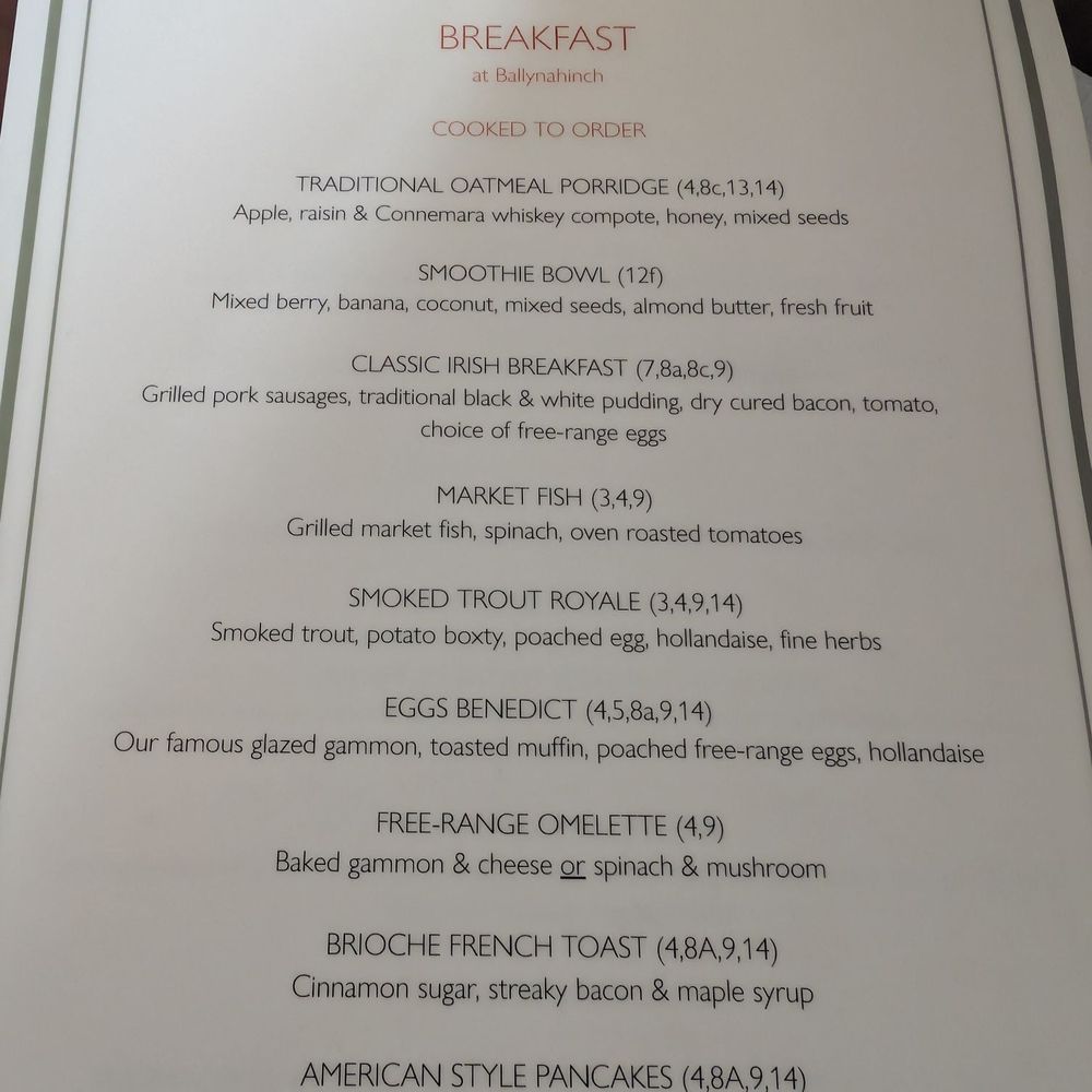 Ballynahinch Castle Hotel - Breakfast menu - Hotels Near Me