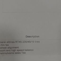 Receipt showing we paid for a 4 wheel alignment. Receipt showing we paid for a 4 wheel alignment.
