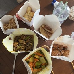 Fried rice, vegetable wontons, Vegetable Singapore Chow Fun, Curry Tofu, veggie potstickers, and bbq seitan. Fried rice, vegetable wontons, Vegetable Singapore Chow Fun, Curry Tofu, veggie potstickers, and bbq seitan.
