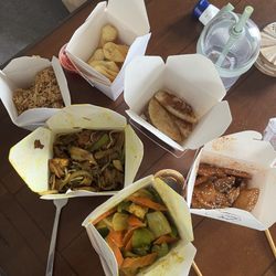 Fried rice, vegetable wontons, Vegetable Singapore Chow Fun, Curry Tofu, veggie potstickers, and bbq seitan.