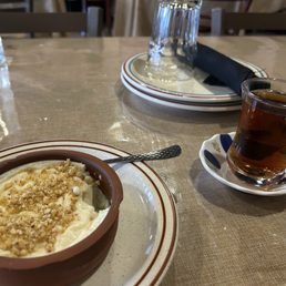 Rice pudding and Turkish tea.