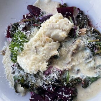 Mamma Mia’s - Cod with butter lemon sauce over spinach and beets - Italian Near Me - Nehalem, Oregon Mamma Mia’s - Cod with butter lemon sauce over spinach and beets - Italian Near Me - Nehalem, Oregon