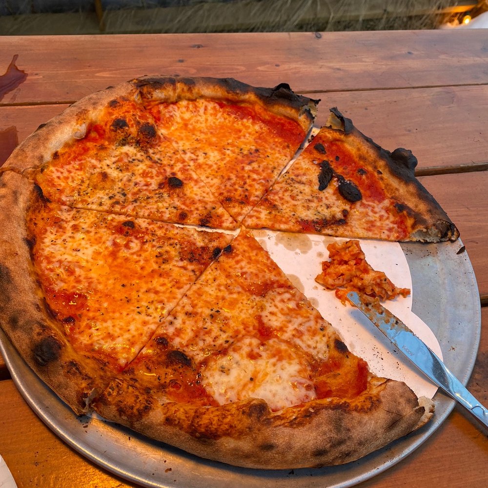Oxbow Beer Garden - Cheese pizza. Cut into 6 big slices. - Beer Gardens Near Me - Oxford, Maine Oxbow Beer Garden - Cheese pizza. Cut into 6 big slices. - Beer Gardens Near Me - Oxford, Maine