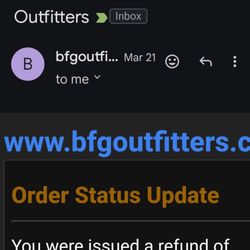 BFG Outfitters - Issued refund that is short of what it should be.