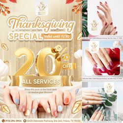 THANKSGIVING SPECIAL 
 20% OFF ALL SERVICES
 Valid Until 11/30/2024
 Simply show this post at the front desk to receive your 20%