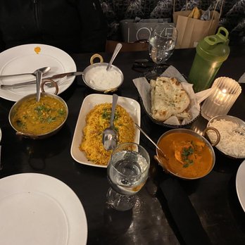 India House - Left to right Dal , Chicken Biryani, Garlic Naan, Chicken Tikka Masala - Indian Near Me - Chicago, Illinois India House - Left to right Dal , Chicken Biryani, Garlic Naan, Chicken Tikka Masala - Indian Near Me - Chicago, Illinois