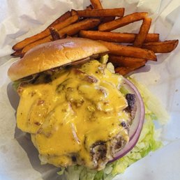 Cheddar bacon burger and sweet potato fries!