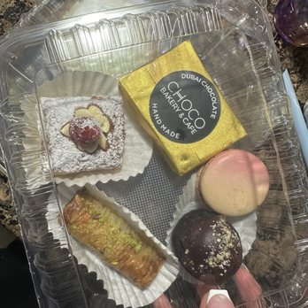 Choco Bakery & Cafe - Mini Napoleon, Dubai chocolate, rose macaron, pistachio rum bomb, pistachio baklava - Patisserie/Cake Shop Near Me - Corona, California