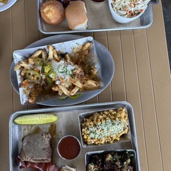 Maple Landing - Chili Cheese Fries, Brisket Sausage Plate, Brussels, Elote, Carolina Slaw, Ml Baked Beans - Barbeque Near Me - Dallas, Texas Maple Landing - Chili Cheese Fries, Brisket Sausage Plate, Brussels, Elote, Carolina Slaw, Ml Baked Beans - Barbeque Near Me - Dallas, Texas
