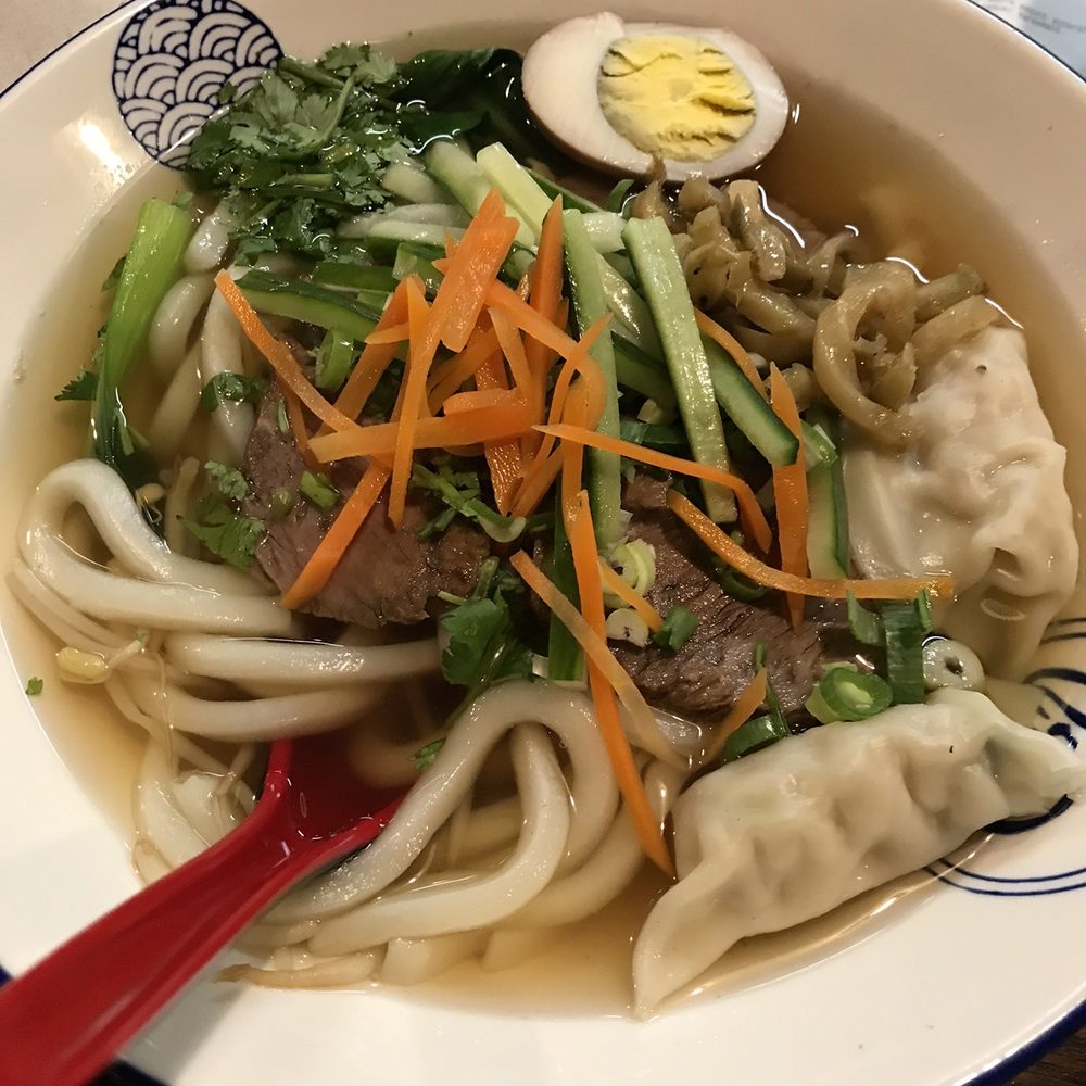 AhHa Noodles - Udon Noodles, Beef Broth, and Five Flavor Beef with Dumplings and toppings - Noodles Near Me - Livonia, Michigan