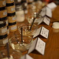 The Blue Olive - Our sea salts of various grain are available for customers to sample.