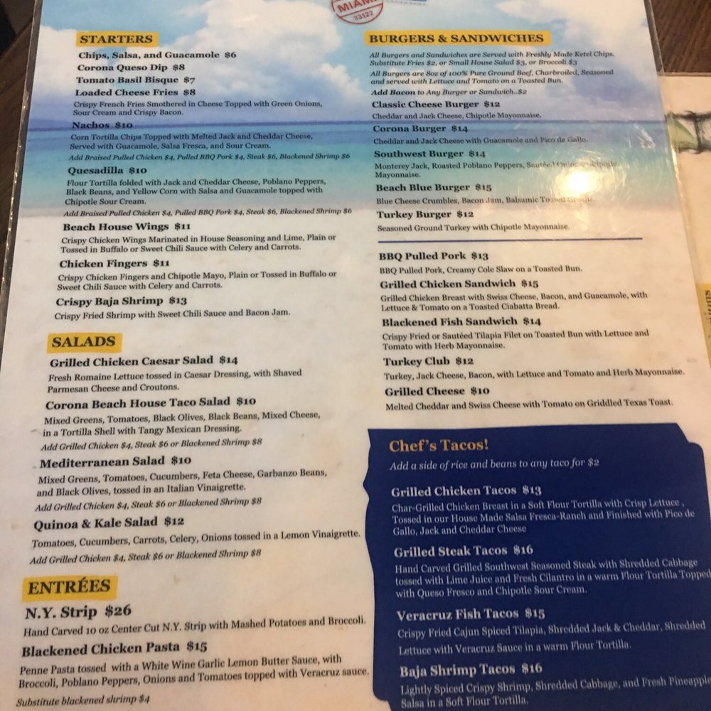 Corona Beach House - Menu - American Near Me - Miami, Florida