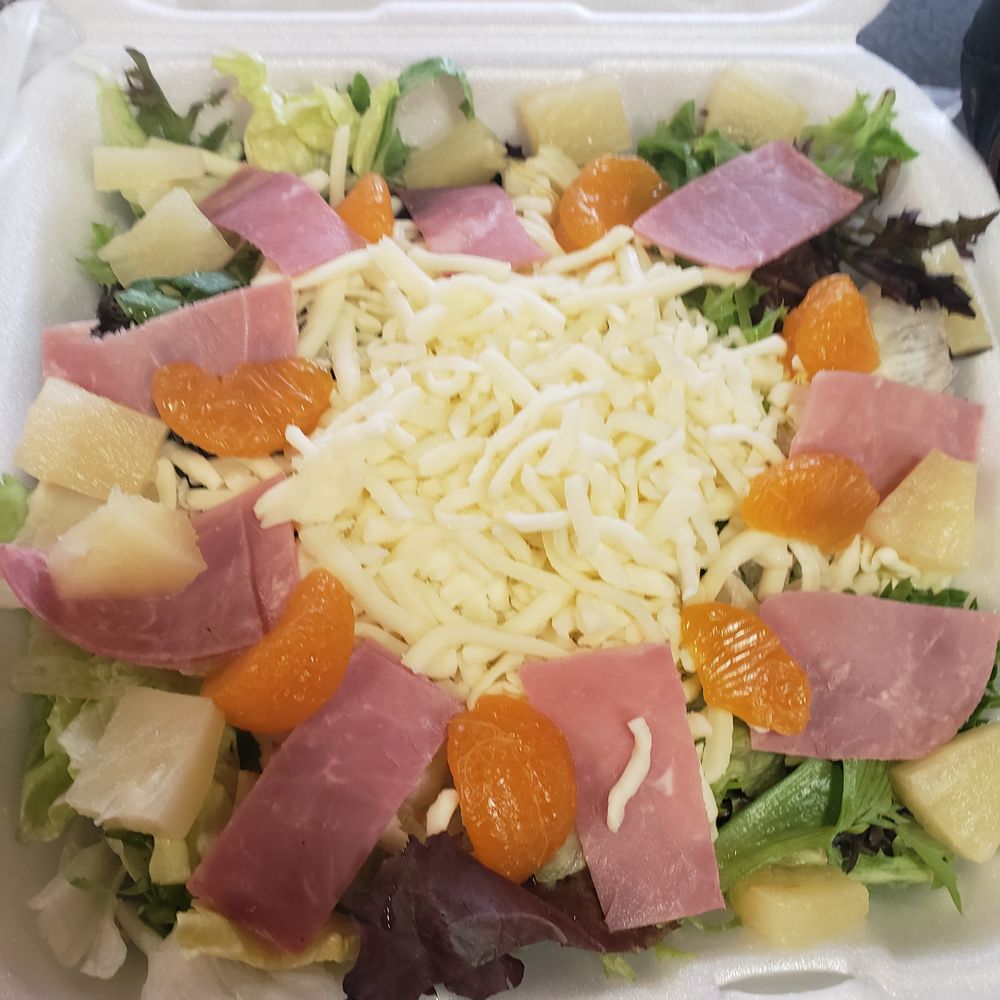 Hawaiian delight salad (bacon on the side) great with their house (sweet and sour poppyseed) dressing Hawaiian delight salad (bacon on the side) great with their house (sweet and sour poppyseed) dressing