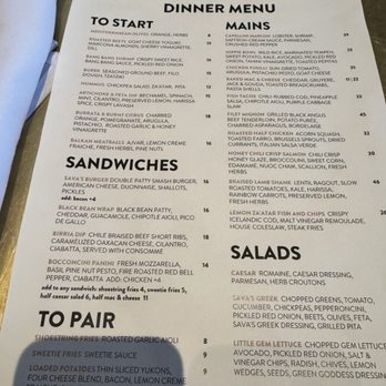 Sava's - Menu - The menu includes sections for starters, mains, sandwiches, salads, and sides, with dishes like shrimp, salmon, beef, and vegetarian options, along with prices. - Bars Near Me - Ann Arbor, Michigan
