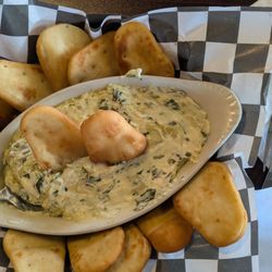 Kingman Craft House - Hot spinach artichoke dip and fried pita chips.