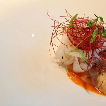 Glover’s Alley - Squid tagliatelle, shellfish bisque, radish, orange spicy sesame. 2025 04 19. M1. - French Near Me - Dublin, D Glover’s Alley - Squid tagliatelle, shellfish bisque, radish, orange spicy sesame. 2025 04 19. M1. - French Near Me - Dublin, D