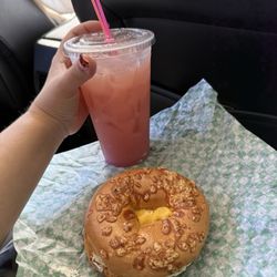Lums Coffee Stop - Cheesy sausage breakfast bagel with cream cheese and a redbull.