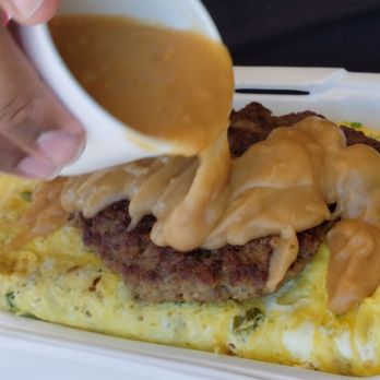Aloha Kitchen - Adobo fried rice omelette topped with a hamburger patty and brown gravy - Hawaiian Near Me - Las Vegas, Nevada