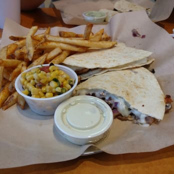 Dillas Quesadillas - The founder with seasoned fries and corn salad. - American Near Me - Plano, Texas