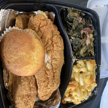 Bronzeville Soul - Fried Catfish Fillets with macaroni and cheese and collard greens - Soul Food Near Me - Chicago, Illinois