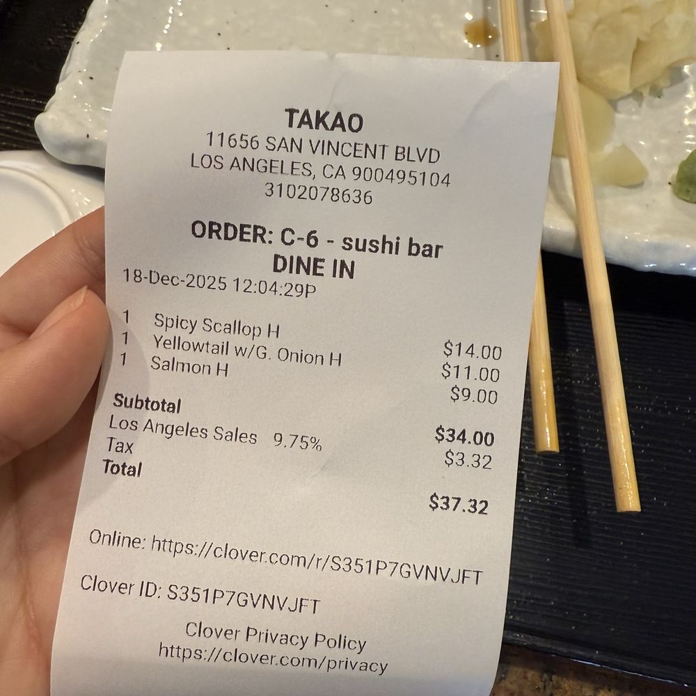 Takao - Receipt - Sushi Bars Near Me - Los Angeles, California Takao - Receipt - Sushi Bars Near Me - Los Angeles, California