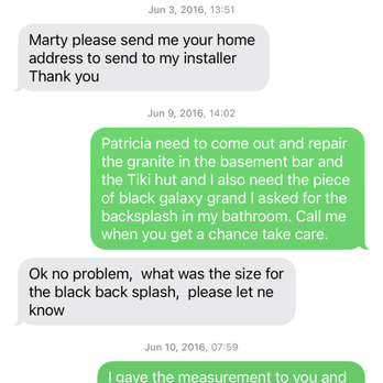 Elite Countertops - Text Message to Patricia Jun 2016 - Countertop Installation Near Me - Fredericksburg, Virginia Elite Countertops - Text Message to Patricia Jun 2016 - Countertop Installation Near Me - Fredericksburg, Virginia