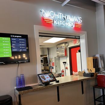 Nighthawk's Kitchen - Window into Mast Landing Brewery. Order online or at kiosk, they text you when it's ready; easy pickup. - Burgers Near Me - Freeport, Maine
