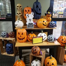 a display of halloween pumpkins