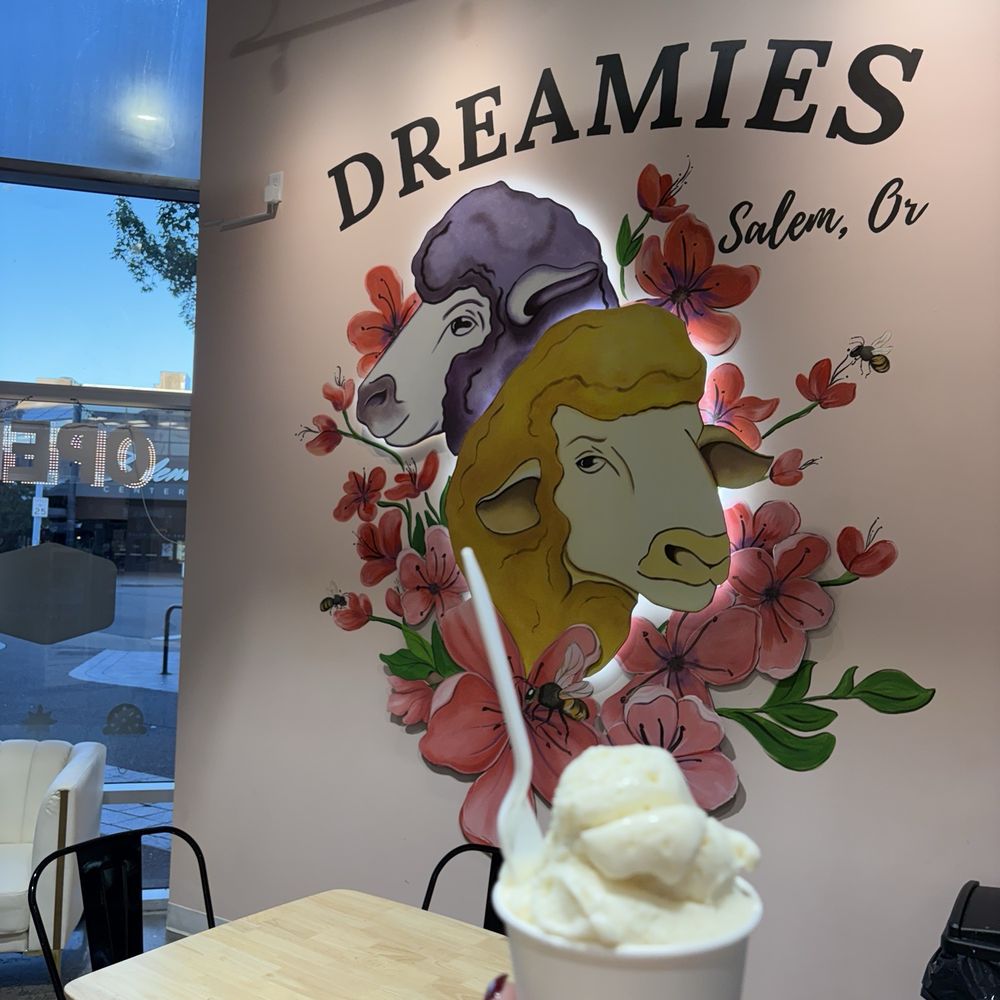 Dreamies Creamery - Interior and lavender lemonade double scoop - Desserts Near Me - Salem, Oregon Dreamies Creamery - Interior and lavender lemonade double scoop - Desserts Near Me - Salem, Oregon