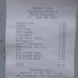 Harbor Cafe - Hauska kuitille laadittu menu.